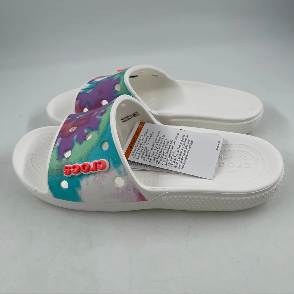 NWT👞Crocs Unisex Classic II Tie Dye Graphic White Slide - Size Men-7 | Women-9